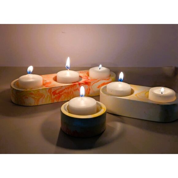 Handmade Eco Resin Tealight Candle Holder Set Marbled Yellow & Orange - Picture 7 of 8